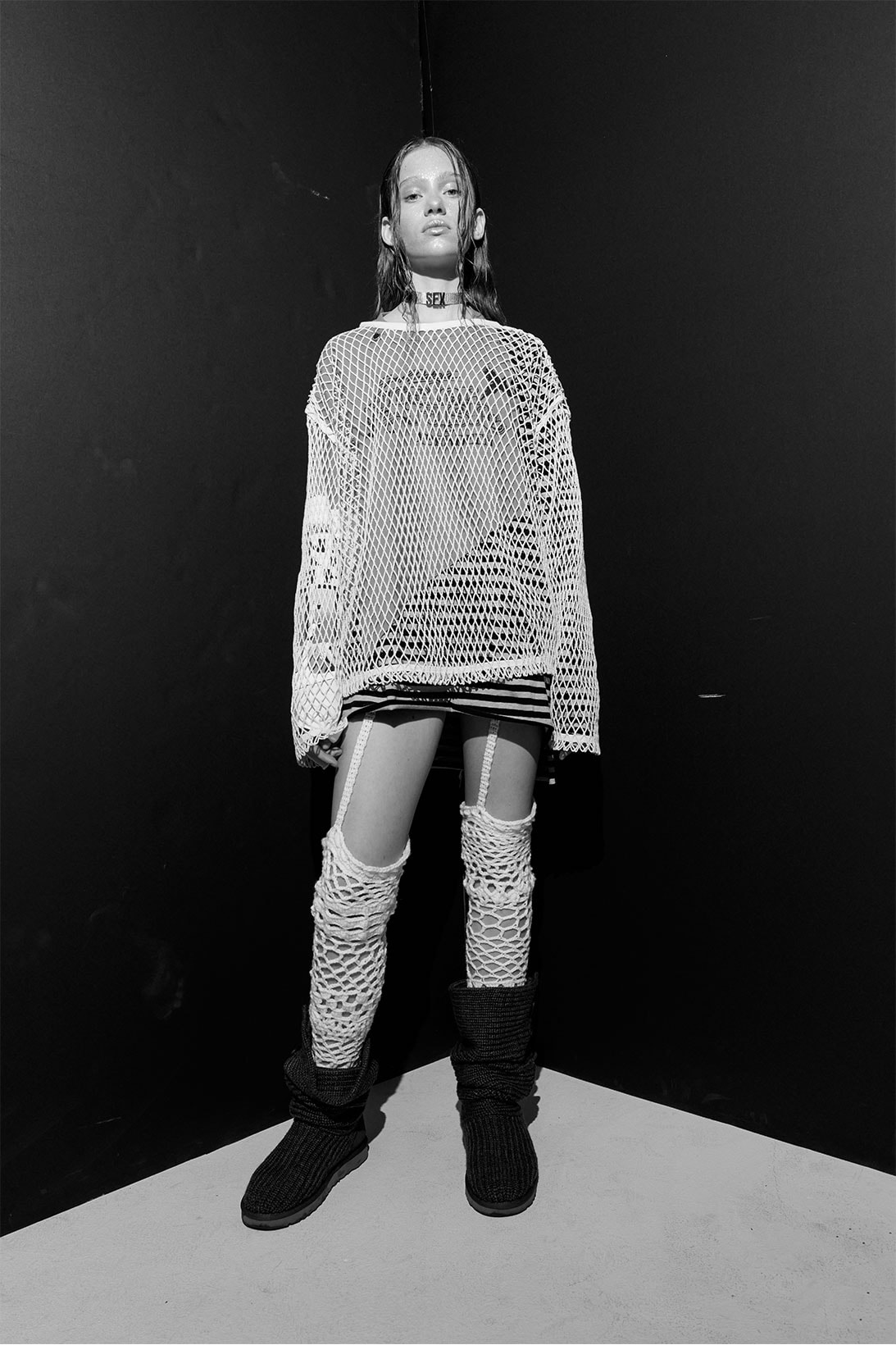 joegush fw21 fall winter collection lookbook korean emerging designer fishnet sweater boots