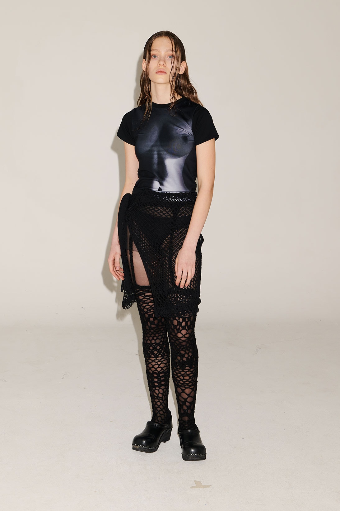 joegush fw21 fall winter collection lookbook korean emerging designer trompe loeil t-shirt fishnet tights