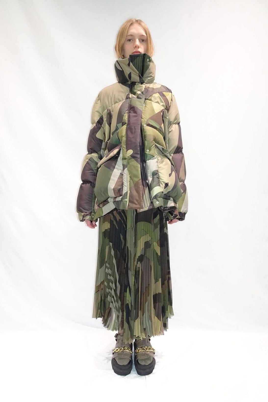 kaws sacai pre-fall collection camouflag puffer skirt