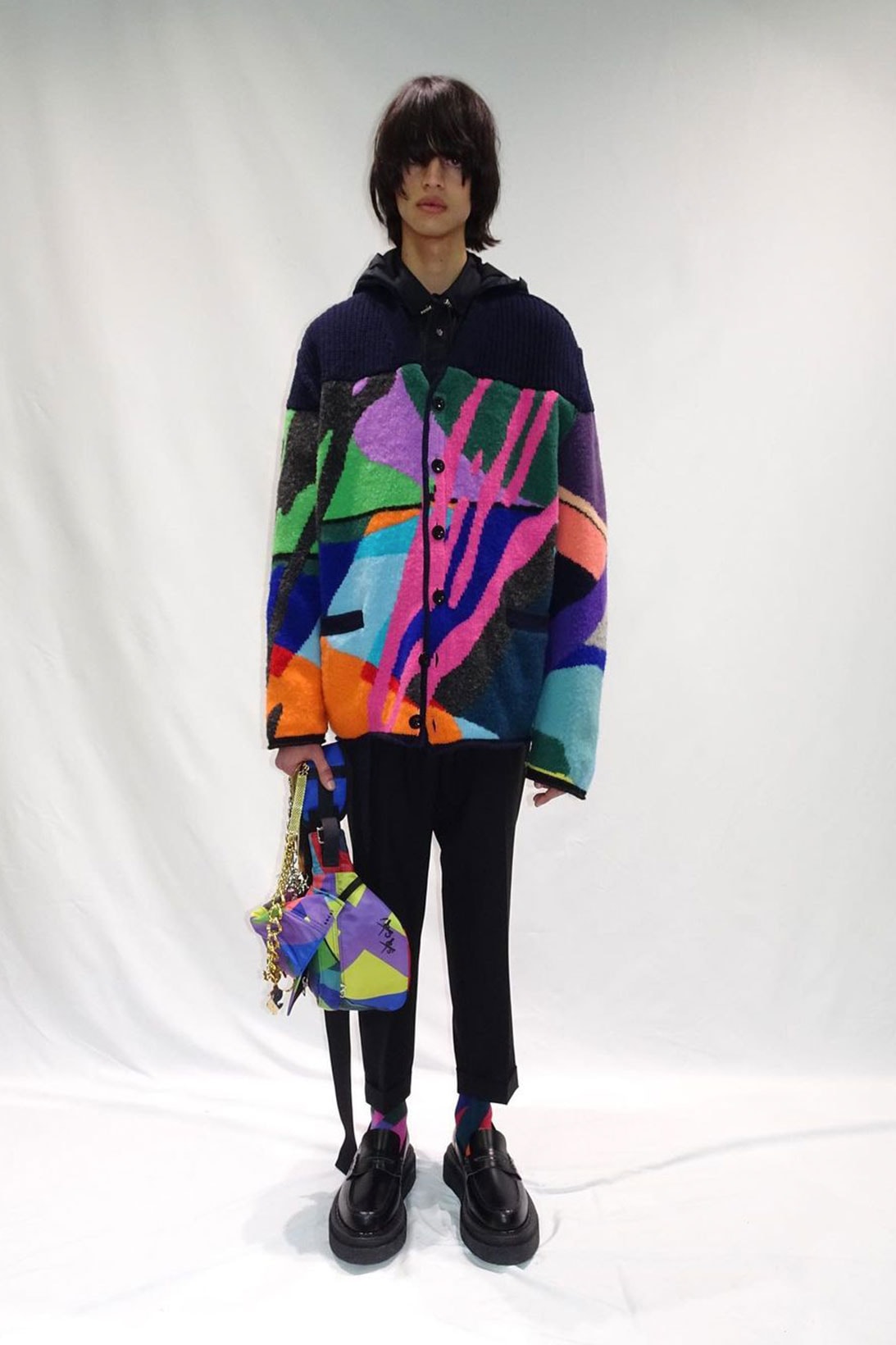 kaws sacai pre-fall collection collaboration fleece jacket bag purse