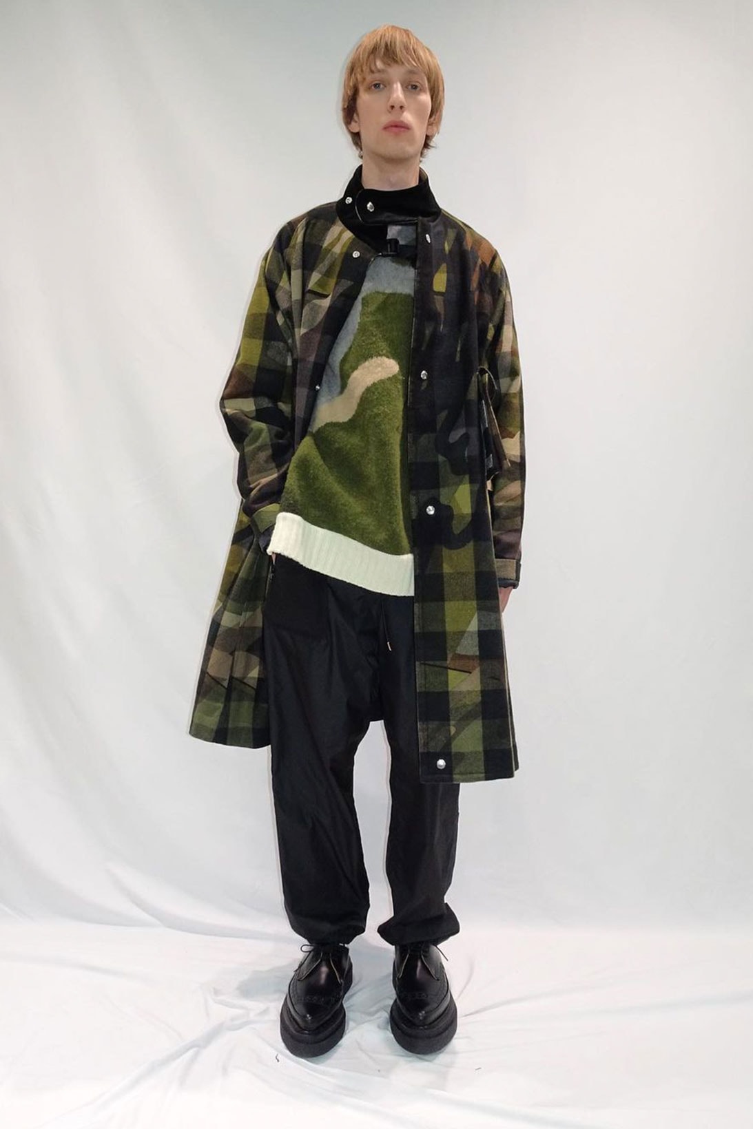 kaws sacai pre-fall collection collaboration plaid coat camo sweater knitwear