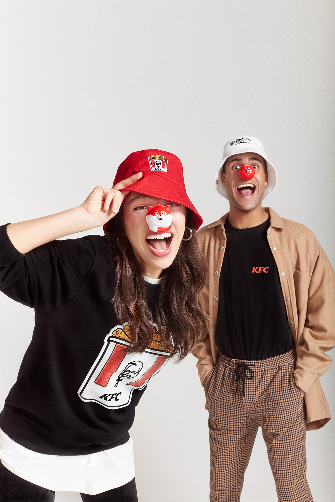 kfc bucket hat kentucky fried chicken foundation comic relief red nose day charity donation uk united kingdom ireland red white long sleeve shirt