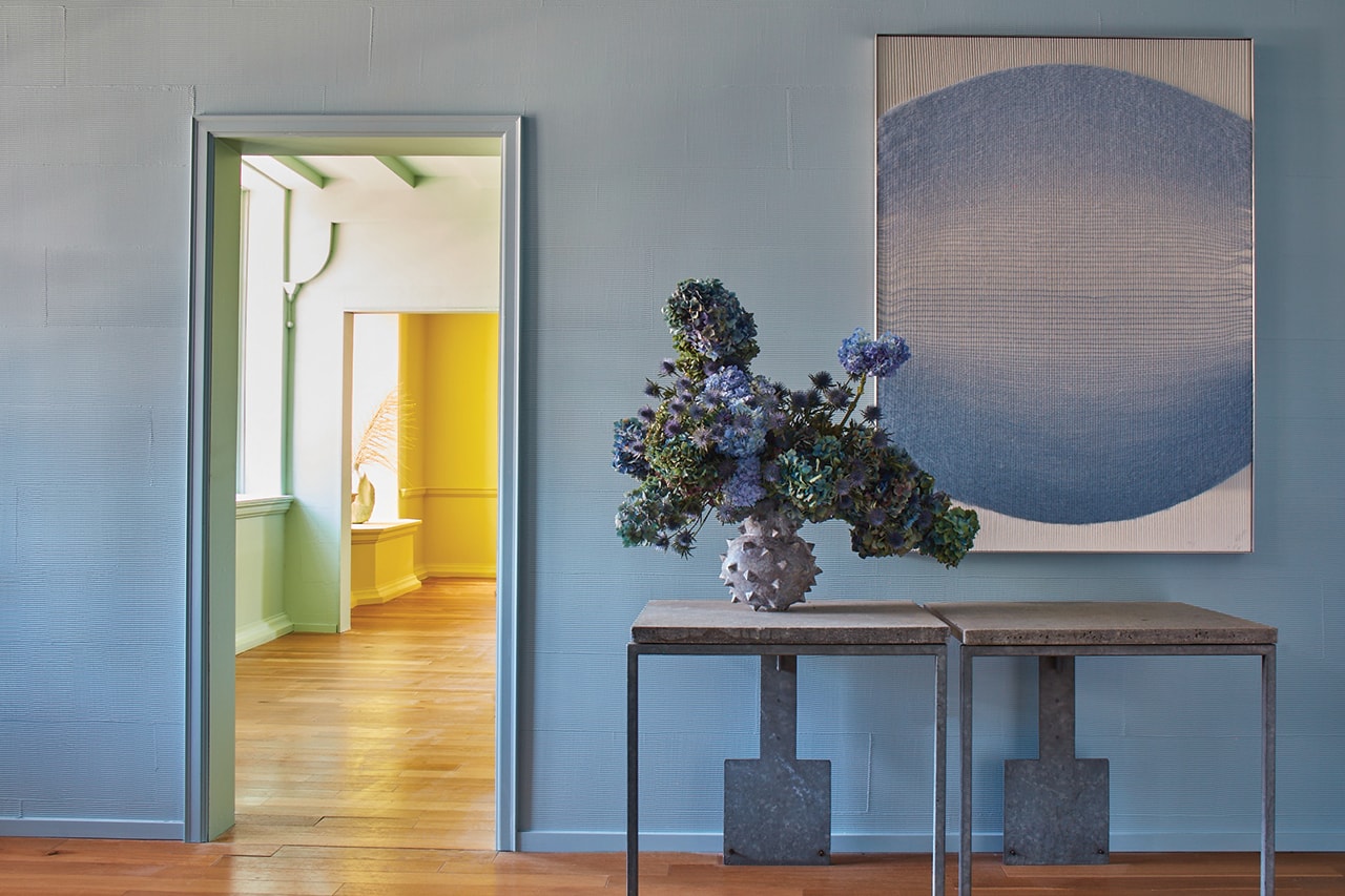 Living Room Paint Color Ideas Wall Farrow & Ball Hazy Blue Yellow Green Modern Home Interior Design Art Painting Flowers California Collection Kelly Wearstler