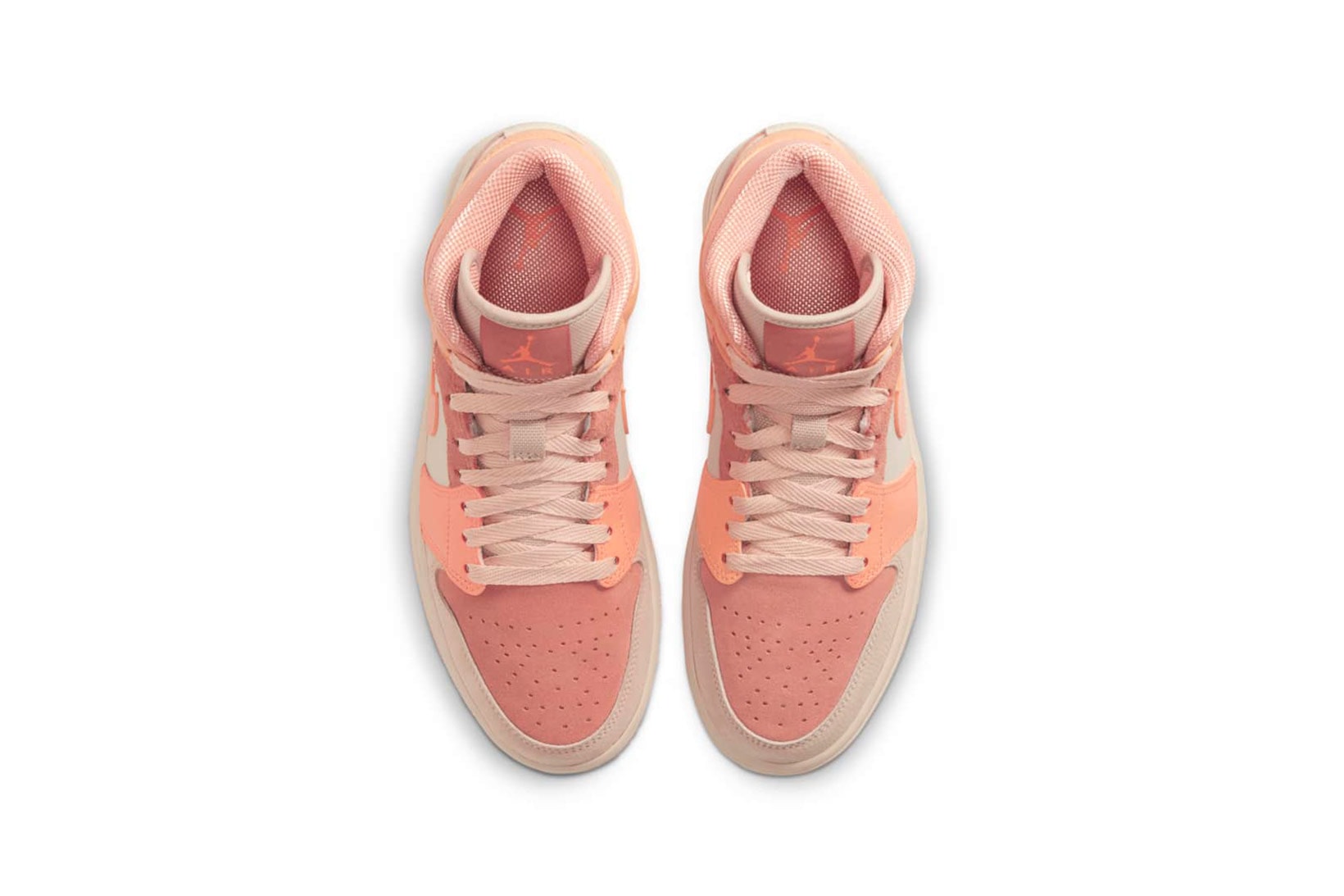 nike air jordan 1 aj1 mid womens sneakers apricot orange pink colorway shoes footwear sneakerhead kicks aerial birds eye view insole