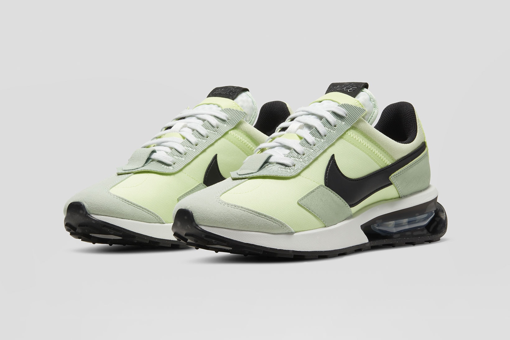 nike air max pre-day volt green black white front toe laterals details close up