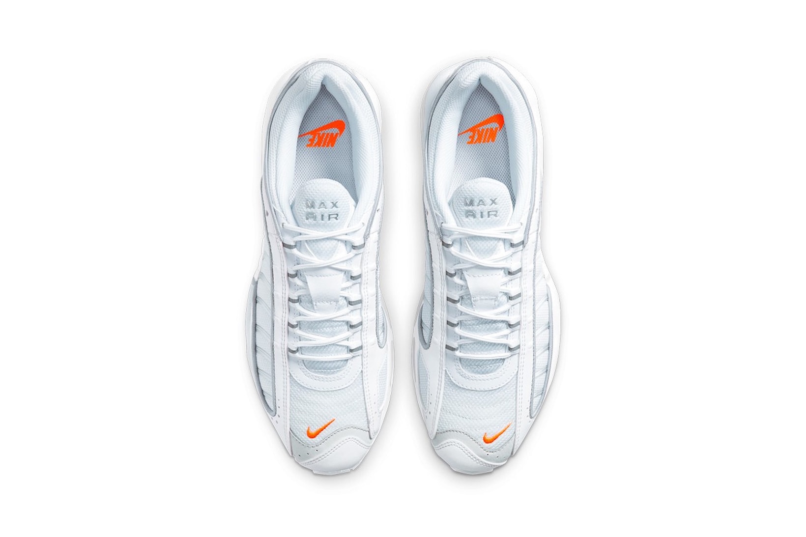 nike air max tailwind iv sneakers platinum tint white silver orange colorway footwear shoes kicks sneakerhead lateral top view insole