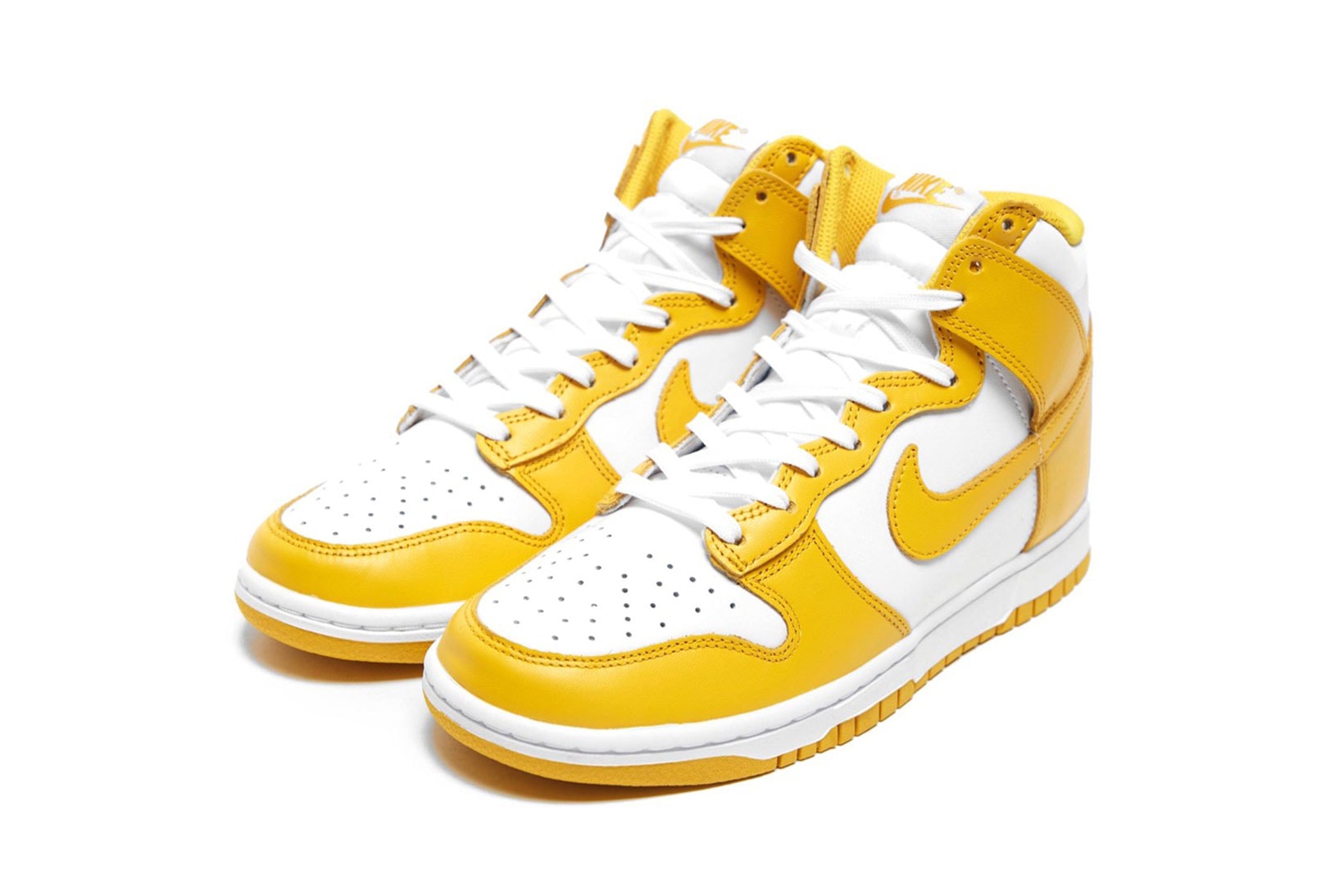 nike dunk high sneakers dark sulfur yellow white colorway kicks sneakerhead shoes footwear lateral