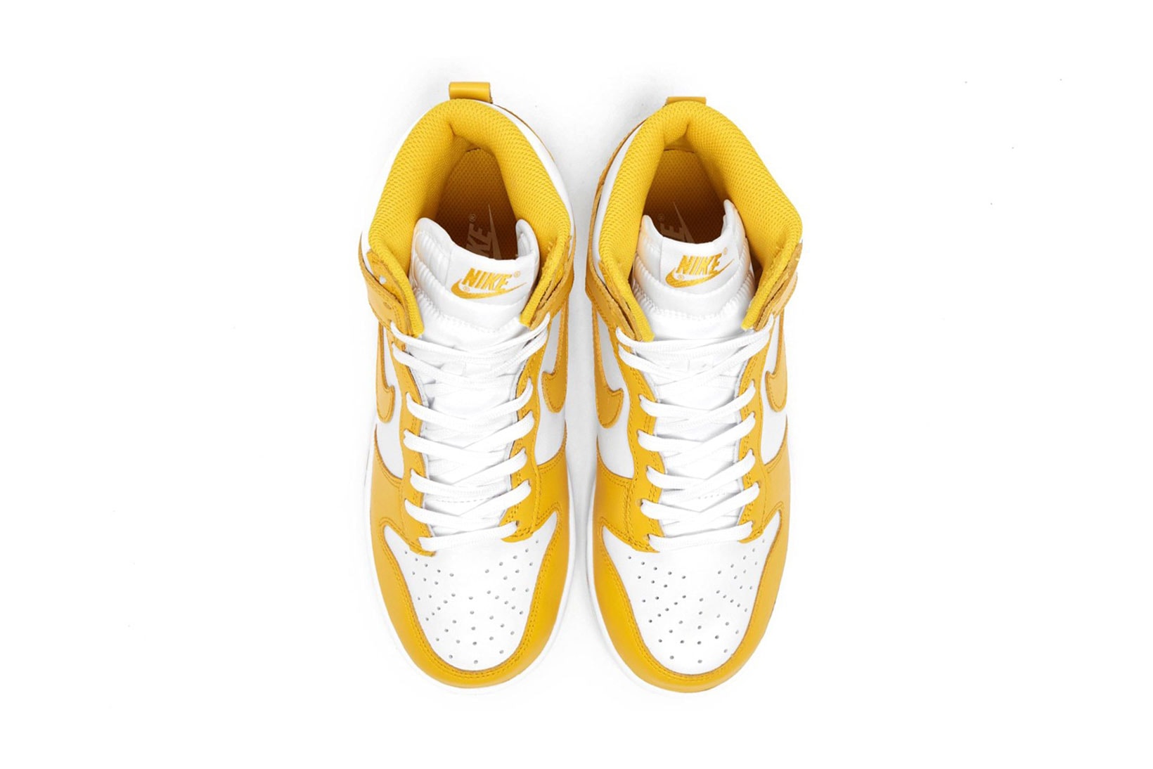 nike dunk high sneakers dark sulfur yellow white colorway kicks sneakerhead shoes footwear lateral top view
