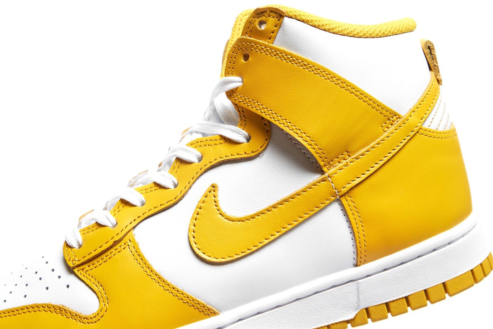nike dunk high sneakers dark sulfur yellow white colorway kicks sneakerhead shoes footwear lateral close up
