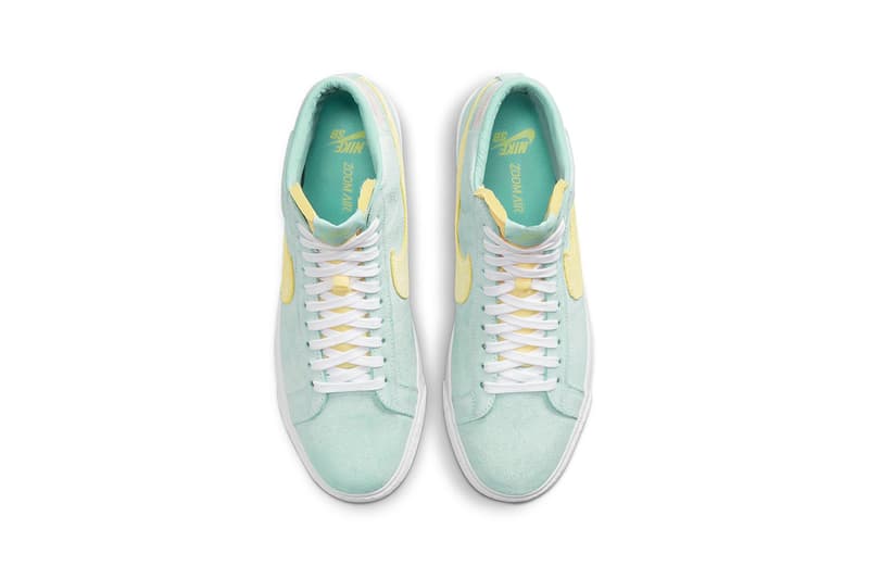 nike sb zoom blazer mid premium sneakers pastel green yellow pink white footwear shoes sneakerhead aerial top view insole