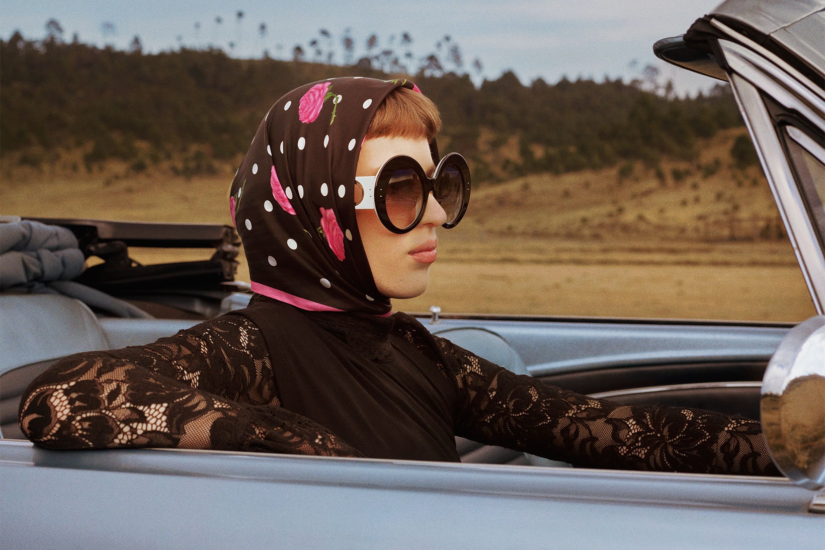 paco rabanne linda farrow eyewear sunglasses collaboration car head scarf round frames