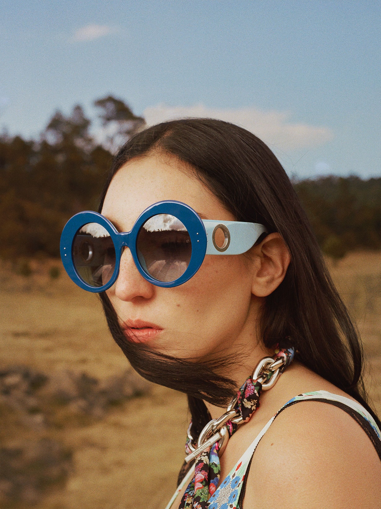 paco rabanne linda farrow eyewear sunglasses collaboration blue round frames acetate