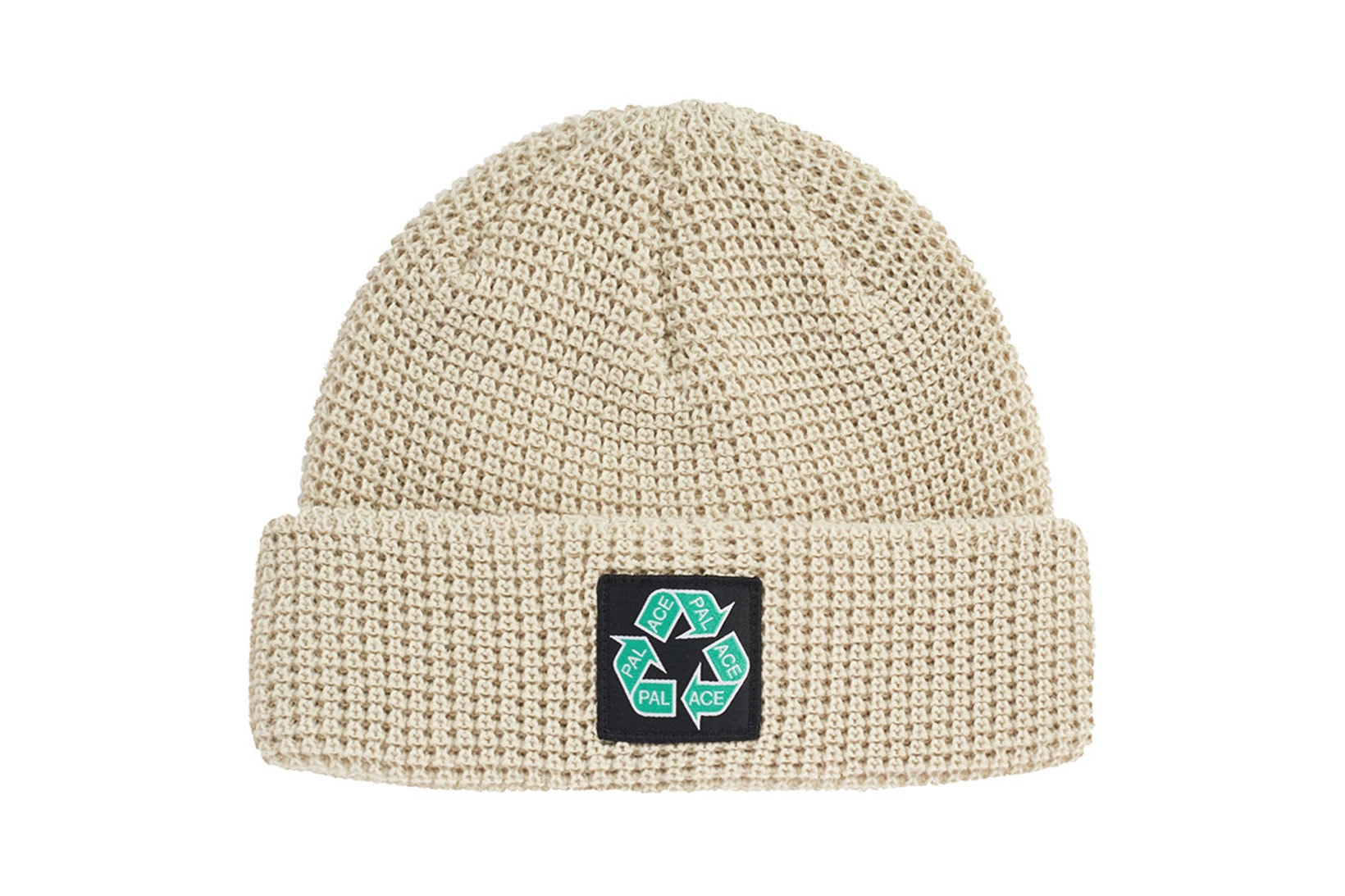 palace spring drop 4 collection logo beanie hat recycle green oatmeal