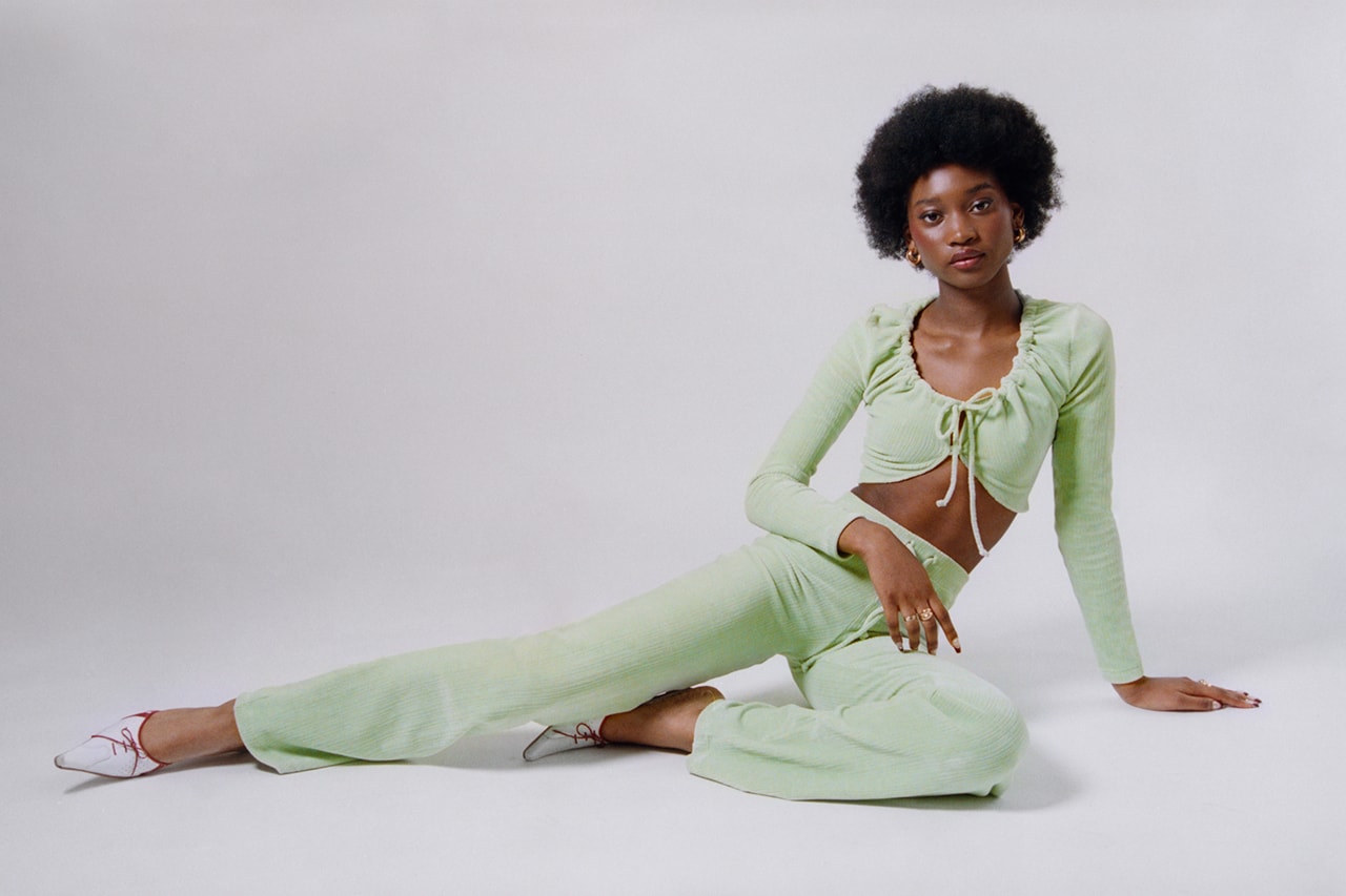Peachy Den Loungewear London UK Indie Womenswear Fashion Brand Naomi set Top Bottoms Trousers Pants '70s Model Cotton Ribbed Velour Sage Green
