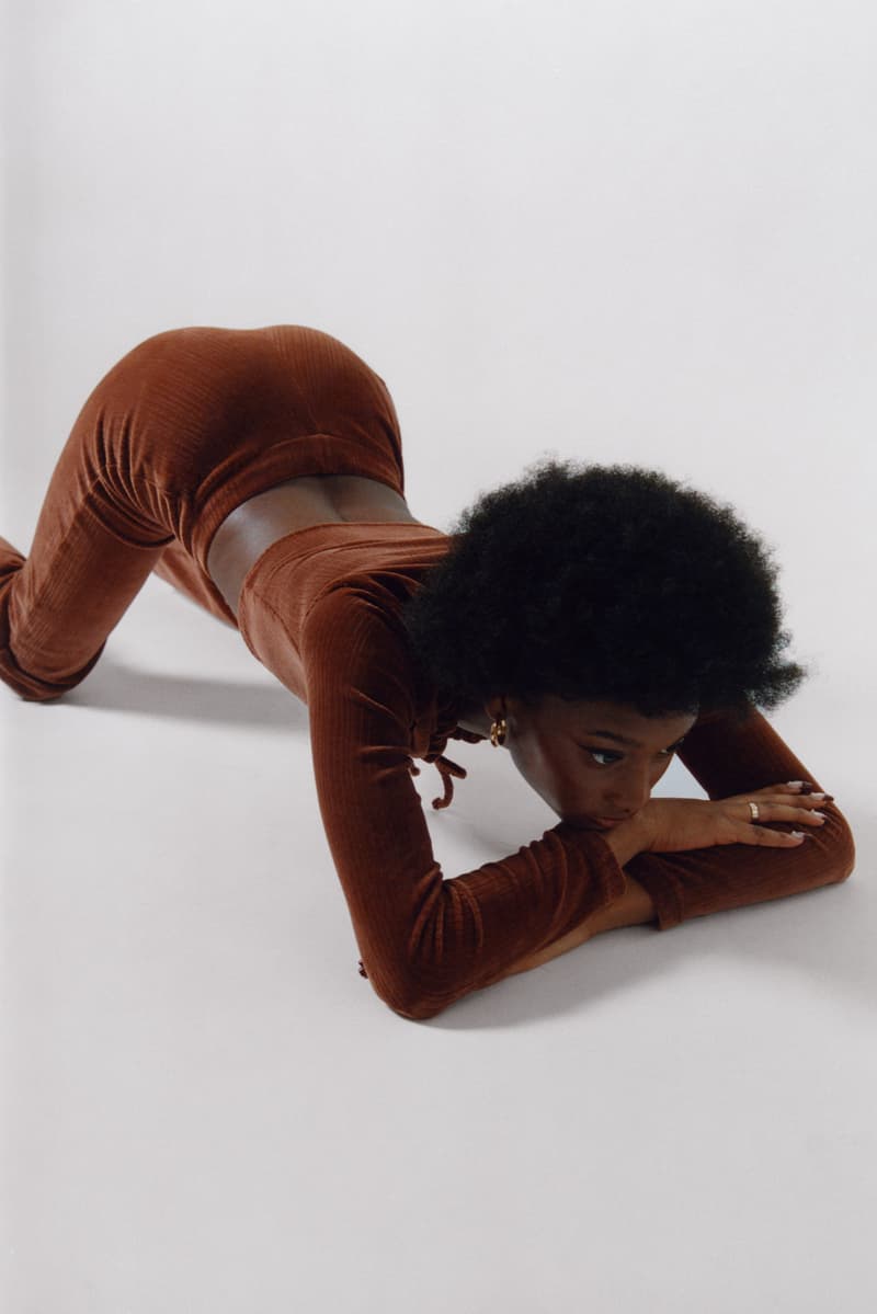 Peachy Den Loungewear London UK Indie Womenswear Fashion Brand Naomi set Top Bottoms Trousers Pants '70s Model Cotton Ribbed Red Brown Cinnamon