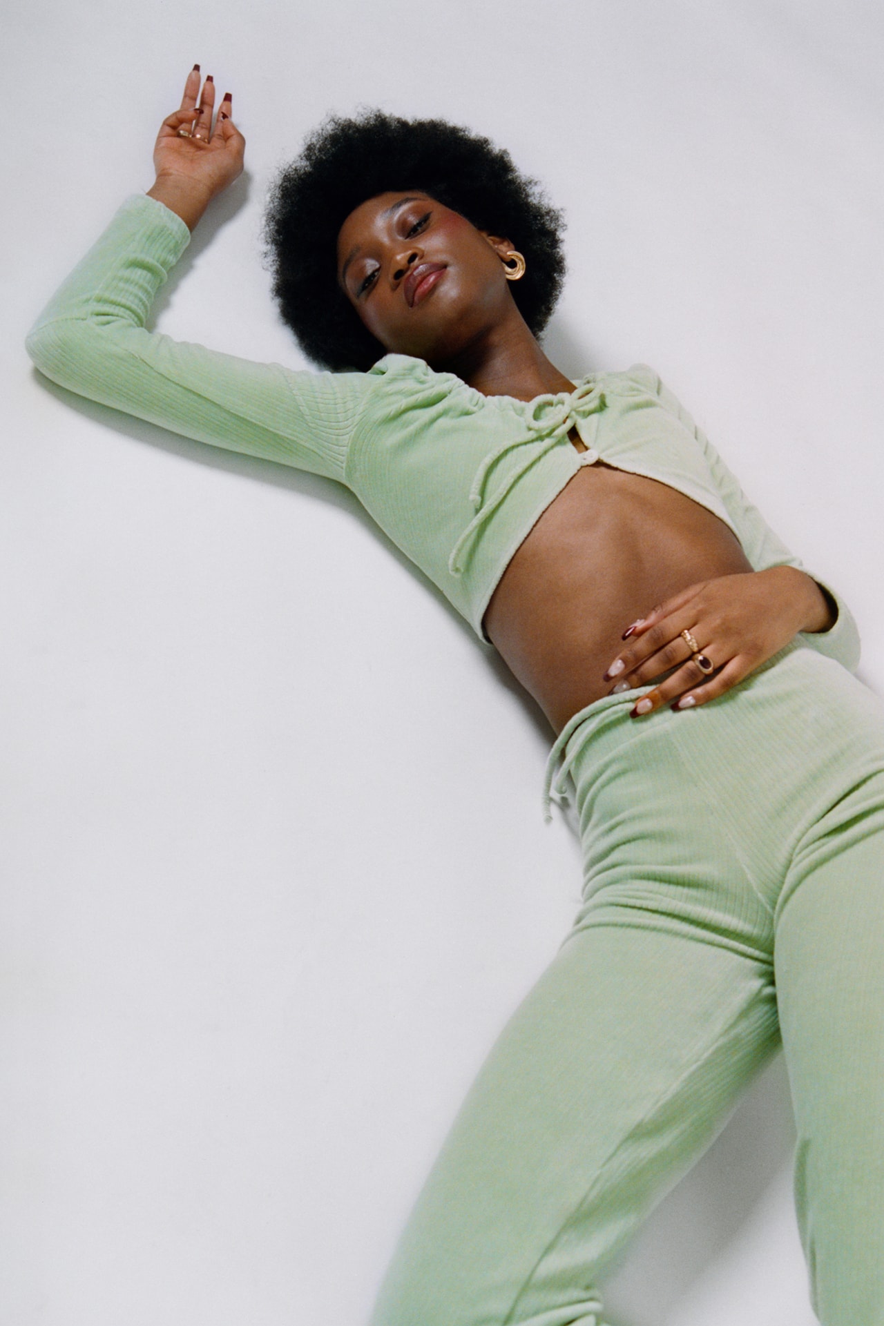 Peachy Den Loungewear London UK Indie Womenswear Fashion Brand Naomi set Top Bottoms Trousers Pants '70s Model Cotton Ribbed Velour Sage Green