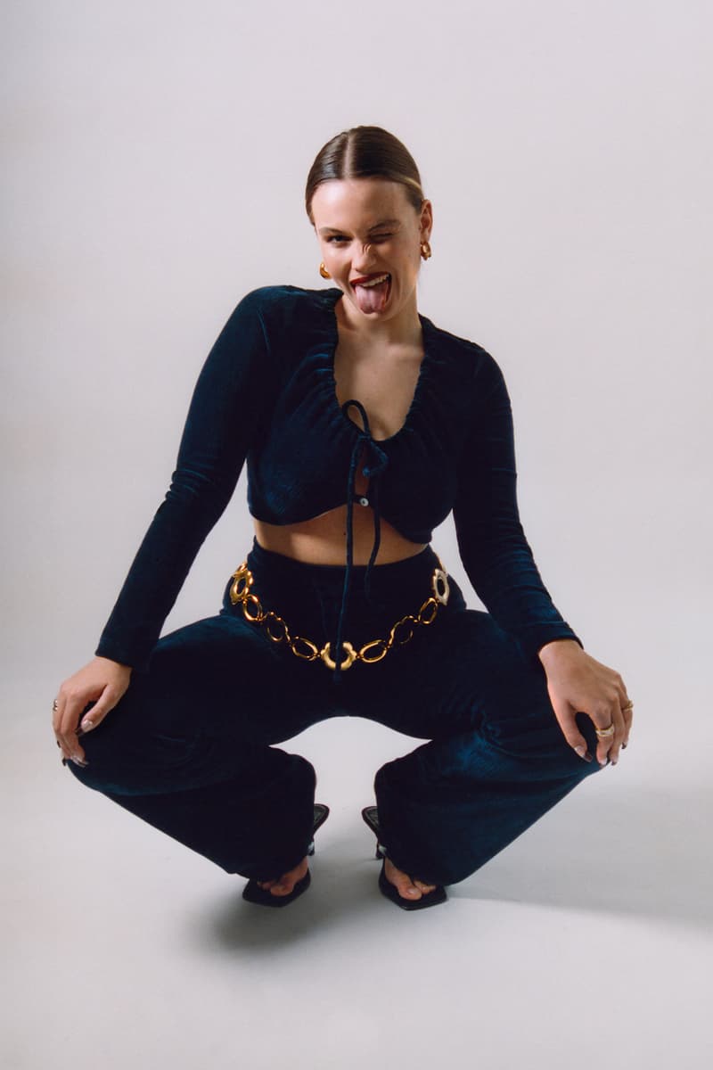 Peachy Den Loungewear London UK Indie Womenswear Fashion Brand Naomi set Top Bottoms Trousers Pants '70s Model Cotton Ribbed Velour Navy Blue