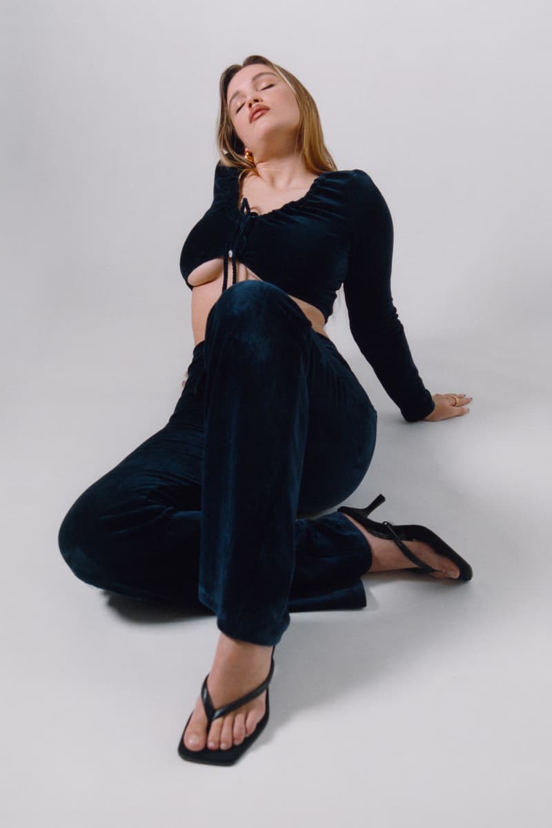 Peachy Den Loungewear London UK Indie Womenswear Fashion Brand Naomi set Top Bottoms Trousers Pants '70s Model Cotton Ribbed Velour Navy Blue