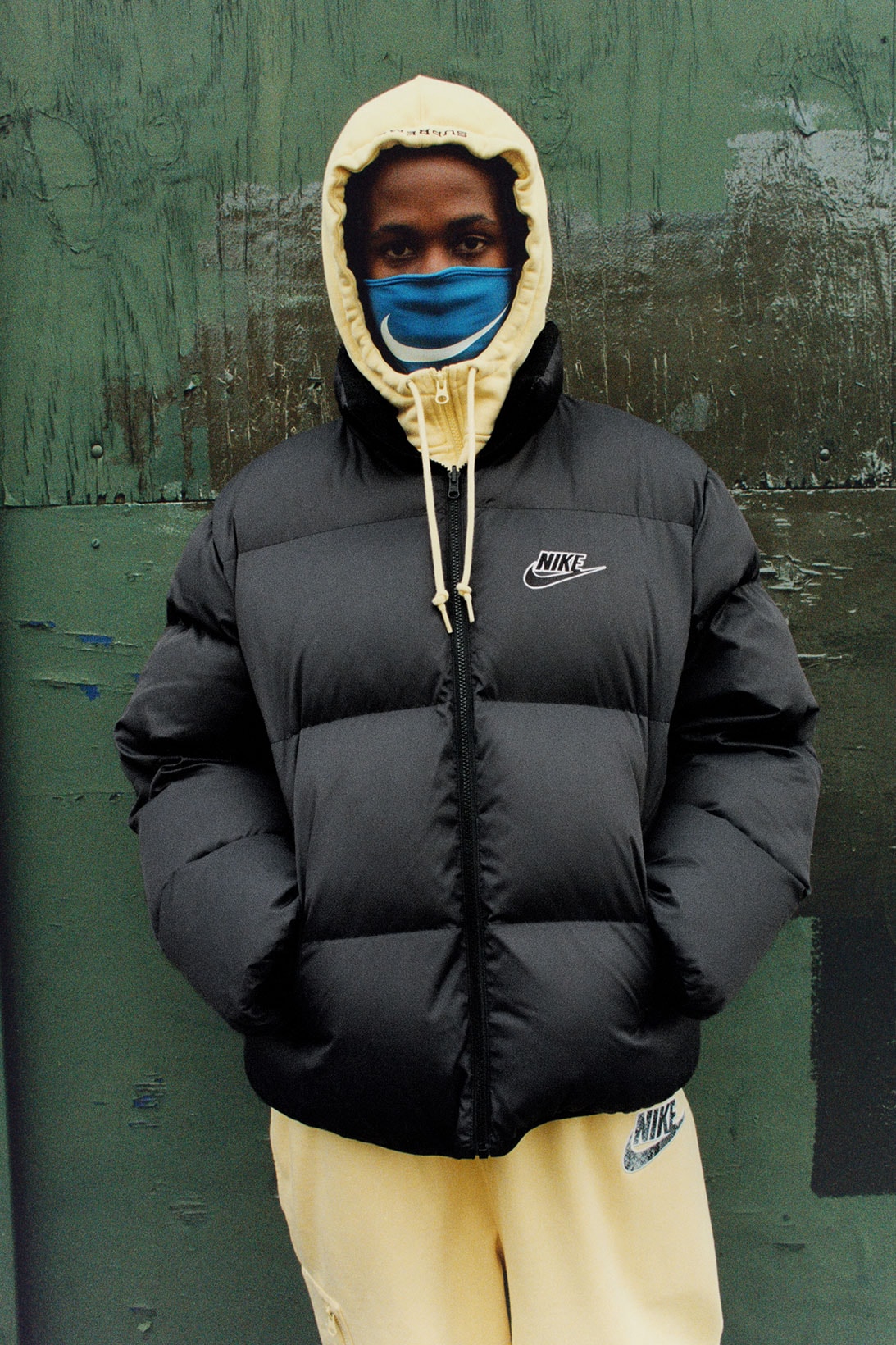 supreme nike collaboration spring drop logo hoodie puffer jacket sweats mask
