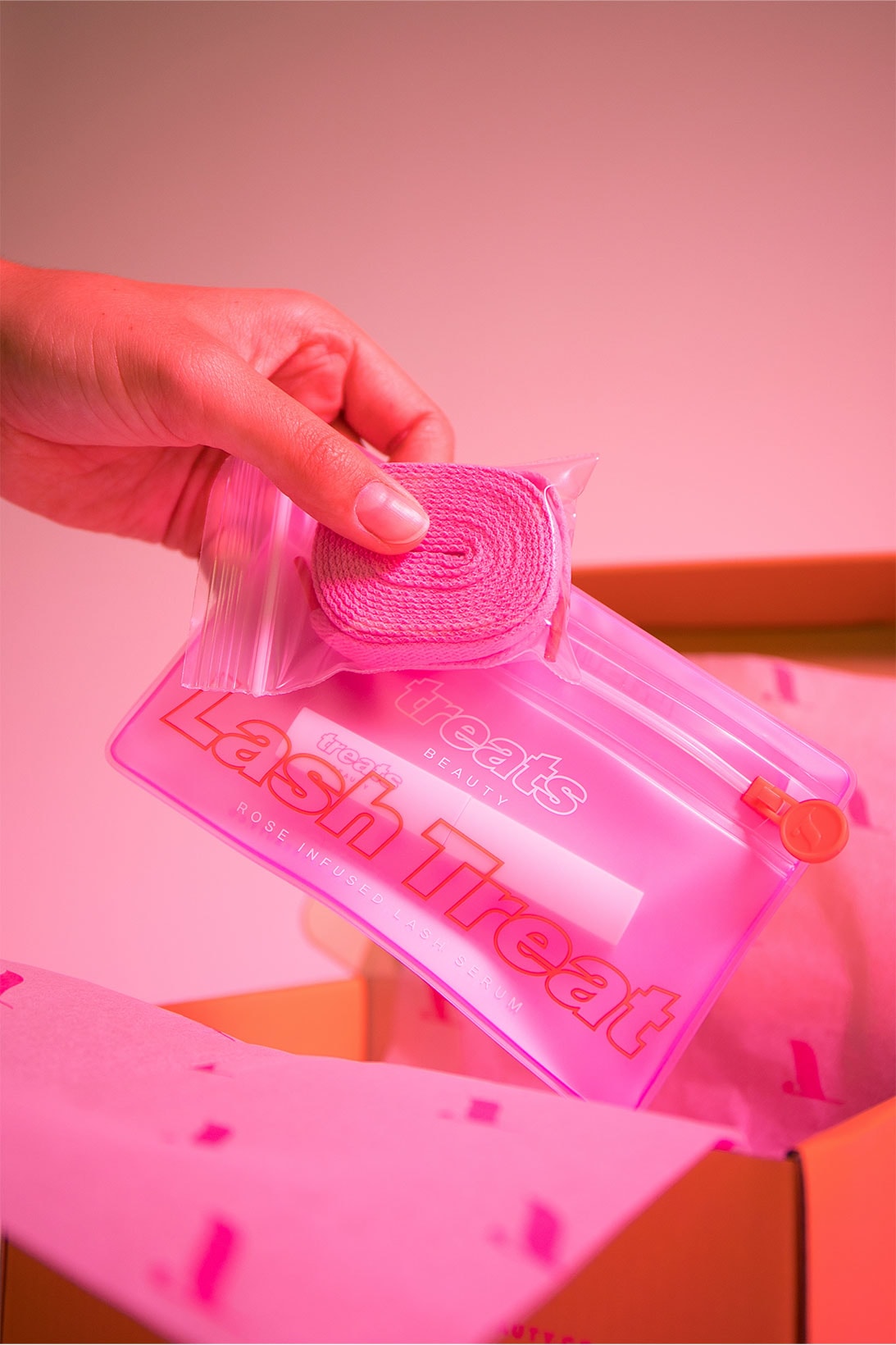 treats beauty eyelash serum rose infused pink packaging bag