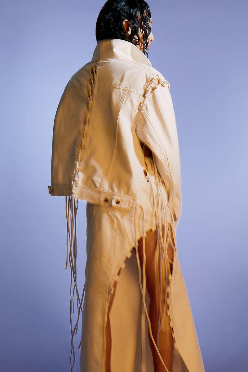weekday hemp jeans couture denim sustainable plant based jacket back fringes laces cut out skirt