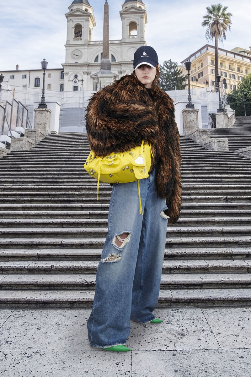 balenciaga pre-fall 2021 collection demna gvasalia fur jacket yellow bag jeans