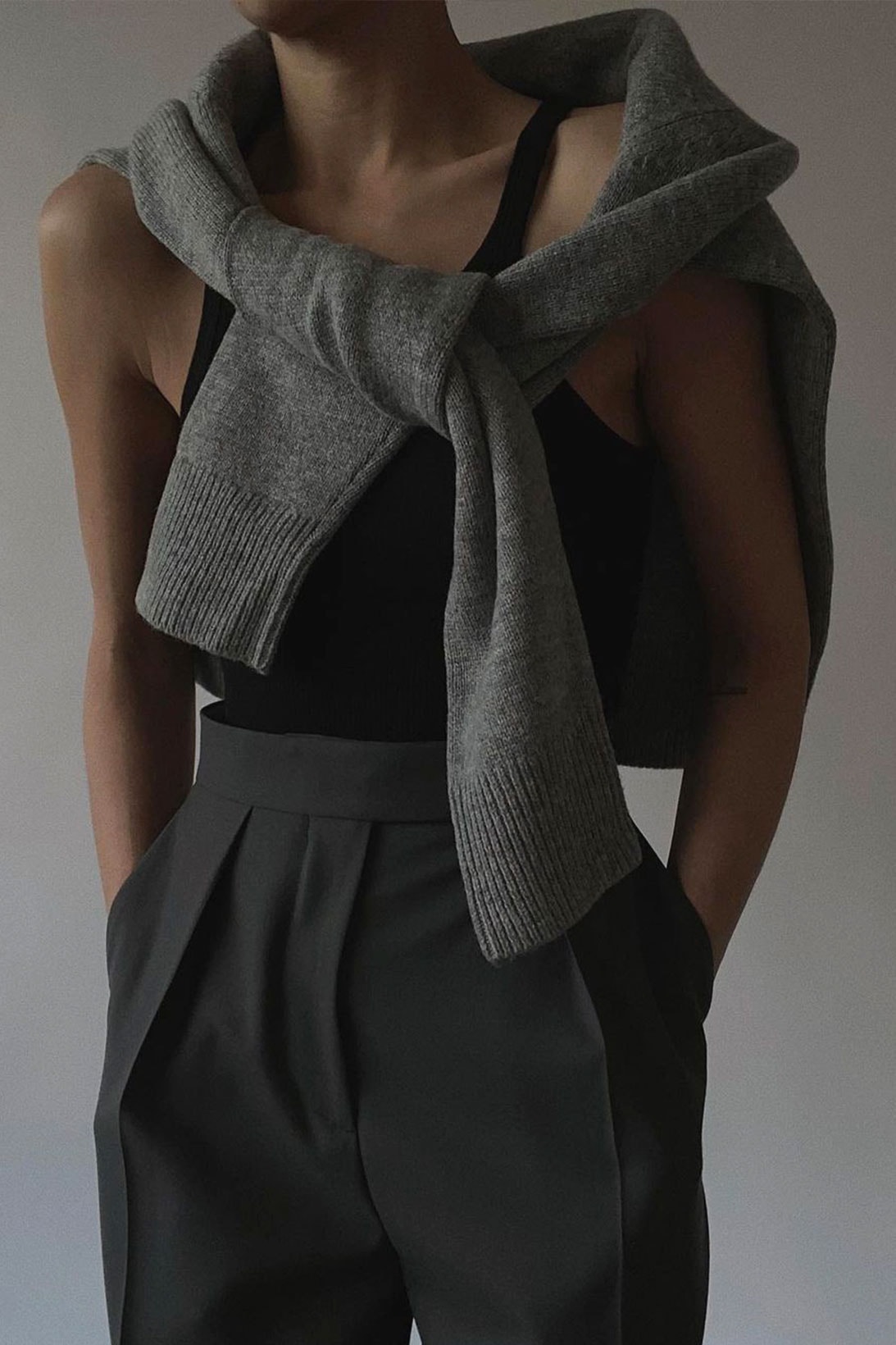 modeamour gray outfits looks ideas editors style guide knitwear cardigan tank top trousers