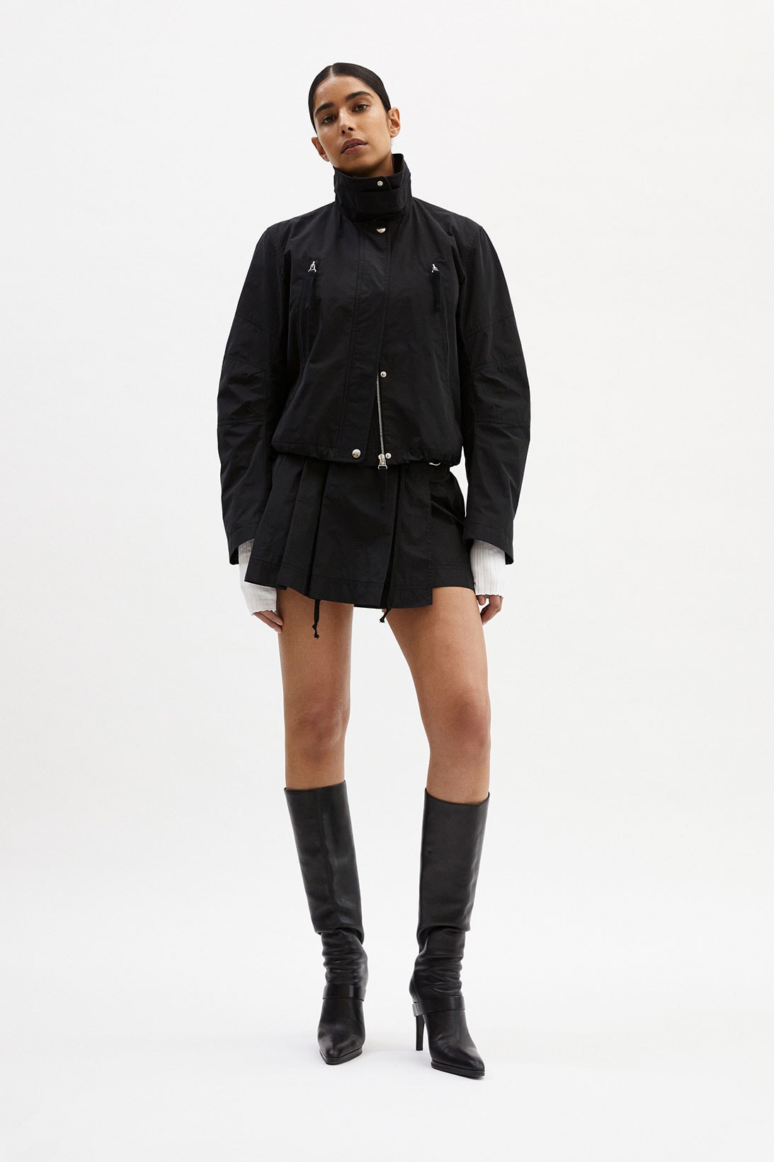 helmut lang fall winter 2021 fw21 collection lookbook black jacket pleated skirt boots