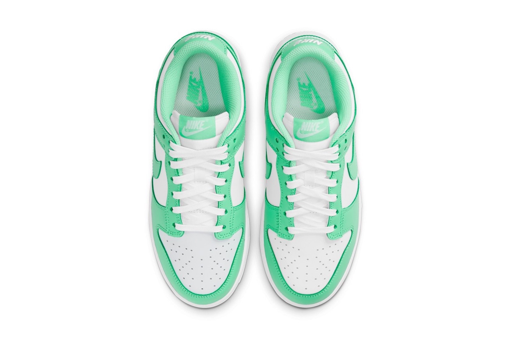 nike dunk low sneakers green glow white colorway footwear kicks shoes sneakerhead aerial top view insole