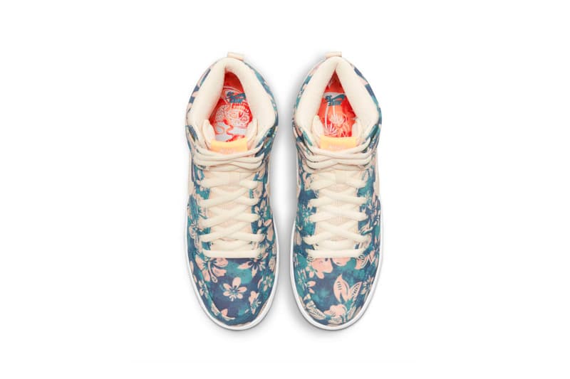 nike sb dunk high pro sneakers hawaii floral print blue beige pink white footwear kicks shoes sneakerhead top aerial view insole