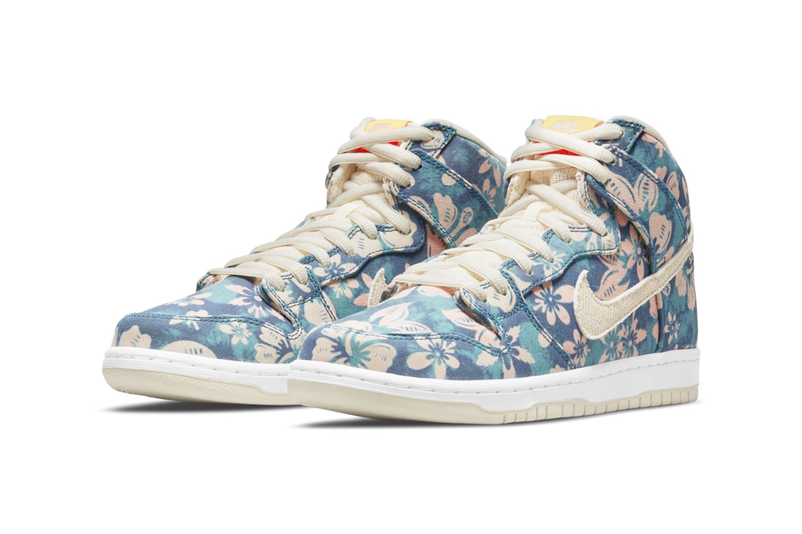 nike sb dunk high pro sneakers hawaii floral print blue beige pink white footwear kicks shoes sneakerhead lateral