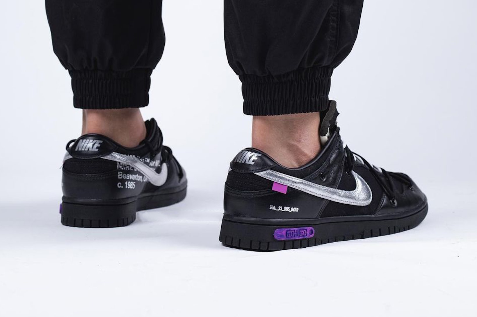off white nike virgil abloh the 50 dunk low sneakers collaboration black silver colorway heel