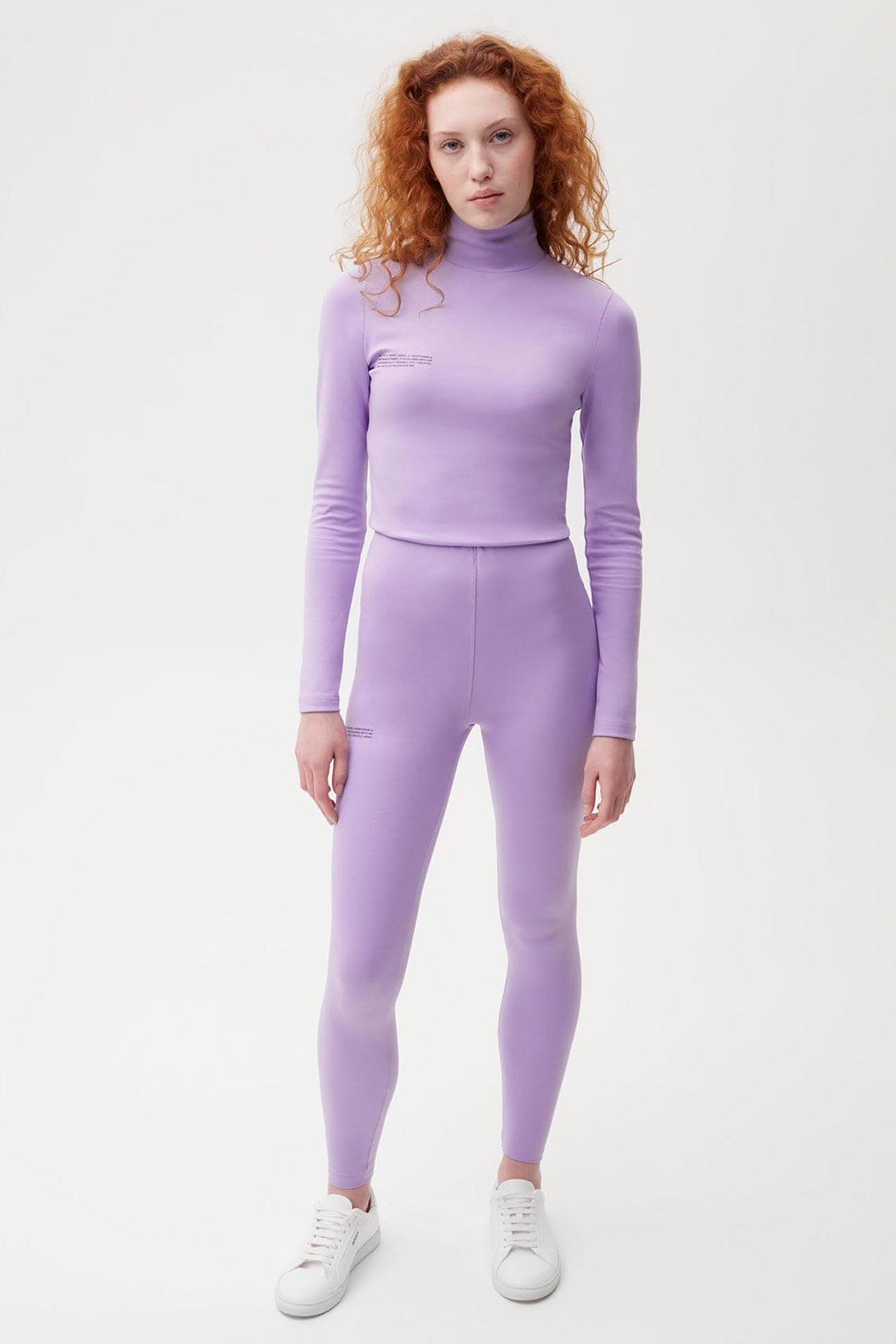 pangaia roica stretch athleisure sustainable collection turtleneck top leggings lilac purple