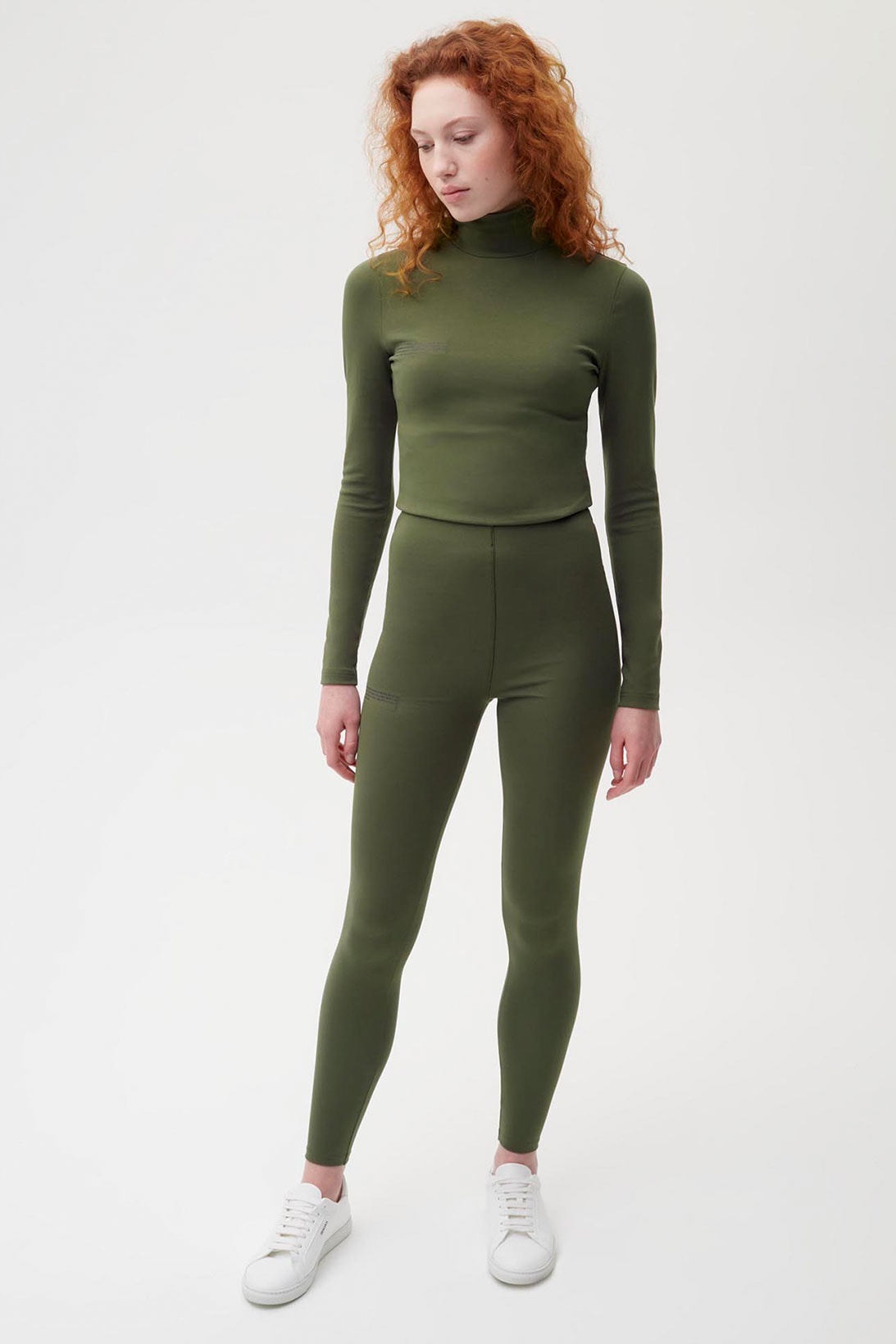 pangaia roica stretch athleisure sustainable collection turtleneck top leggings khaki