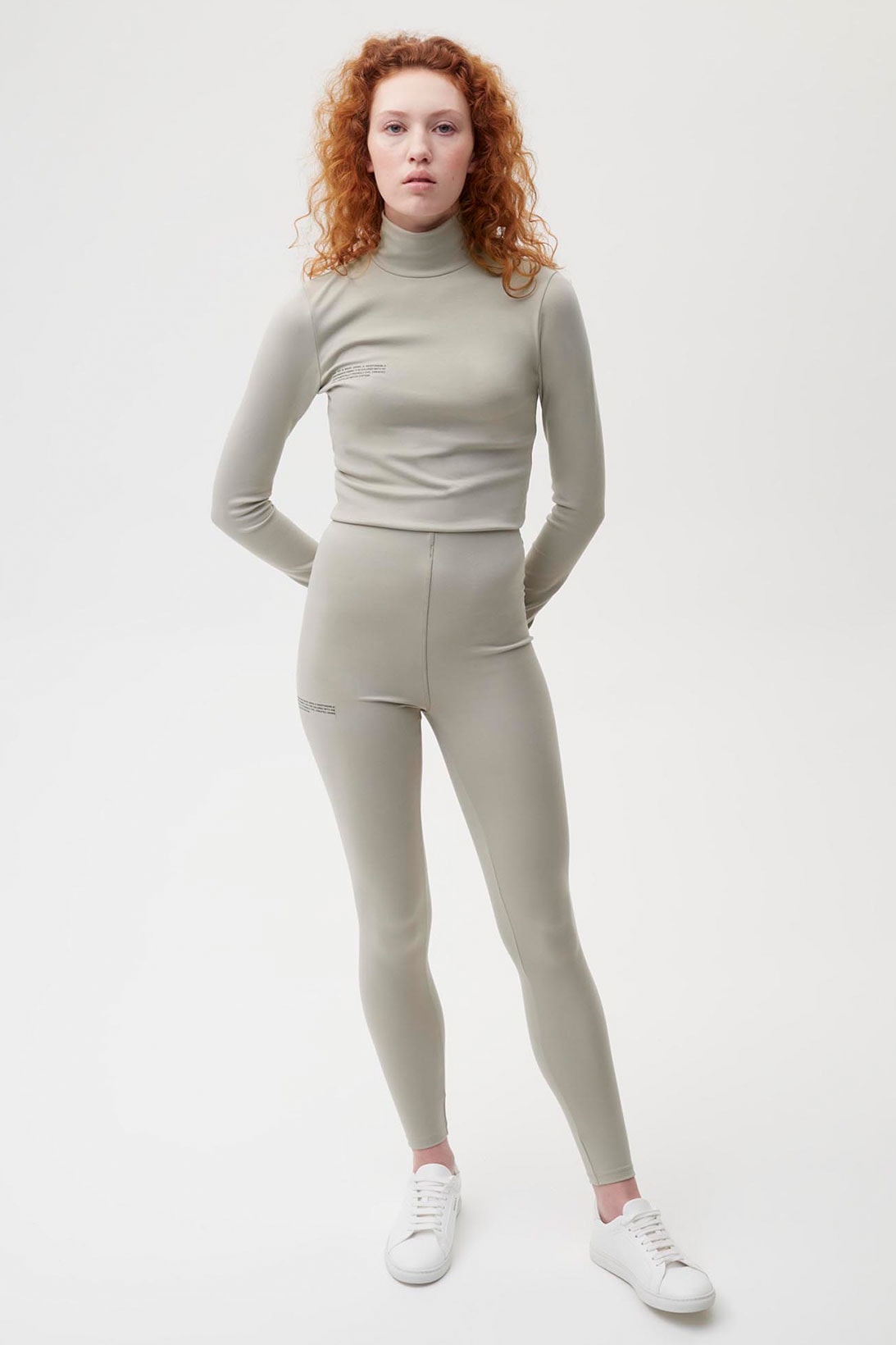 pangaia roica stretch athleisure sustainable collection turtleneck top leggings gray