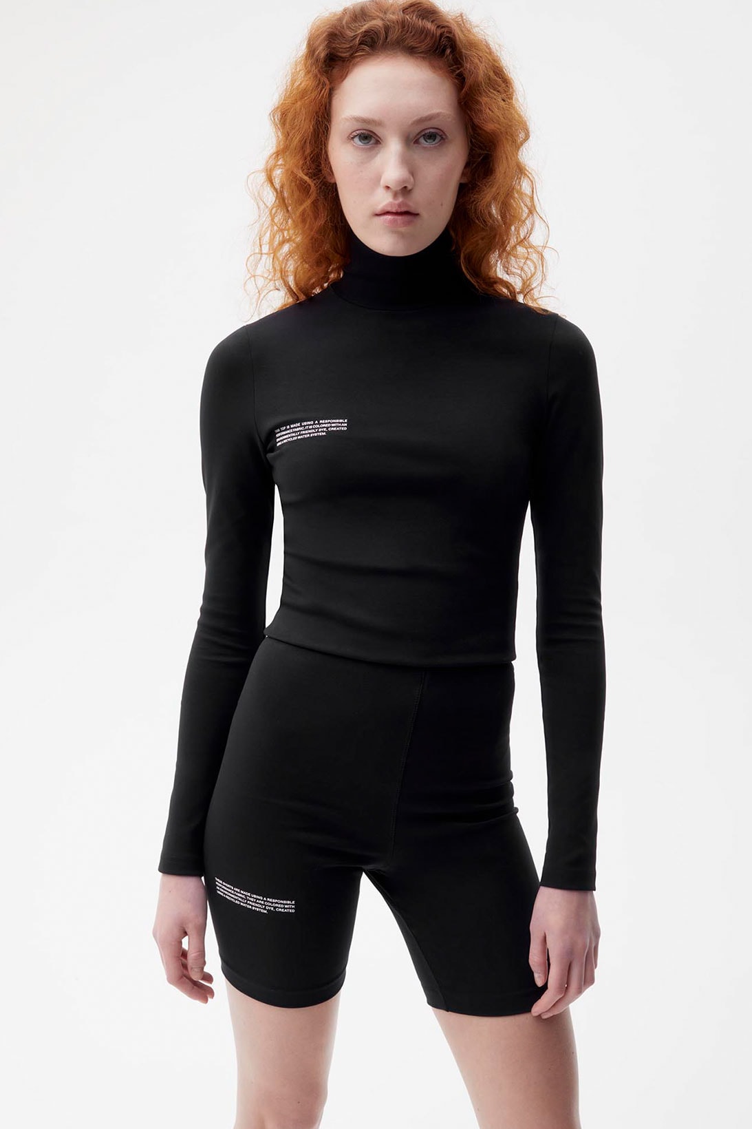 pangaia roica stretch athleisure sustainable collection turtleneck top bike shorts black