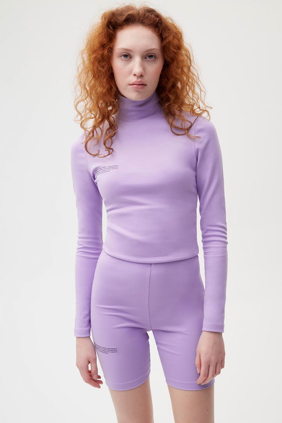 pangaia roica stretch athleisure sustainable collection turtleneck top bike shorts lilac purple
