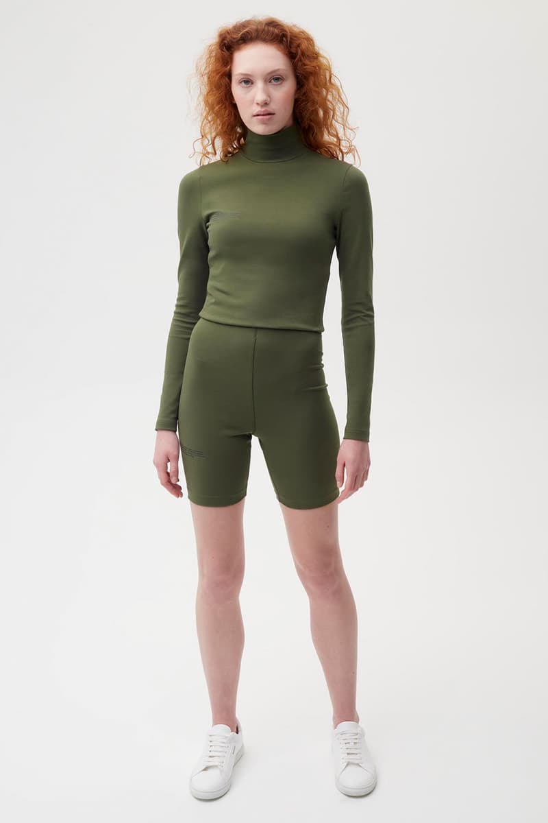 pangaia roica stretch athleisure sustainable collection turtleneck top bike shorts khaki