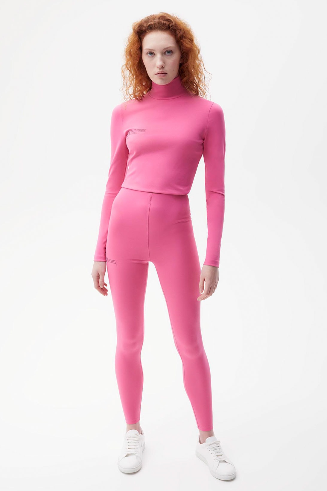 pangaia roica stretch athleisure sustainable collection turtleneck top leggings pink