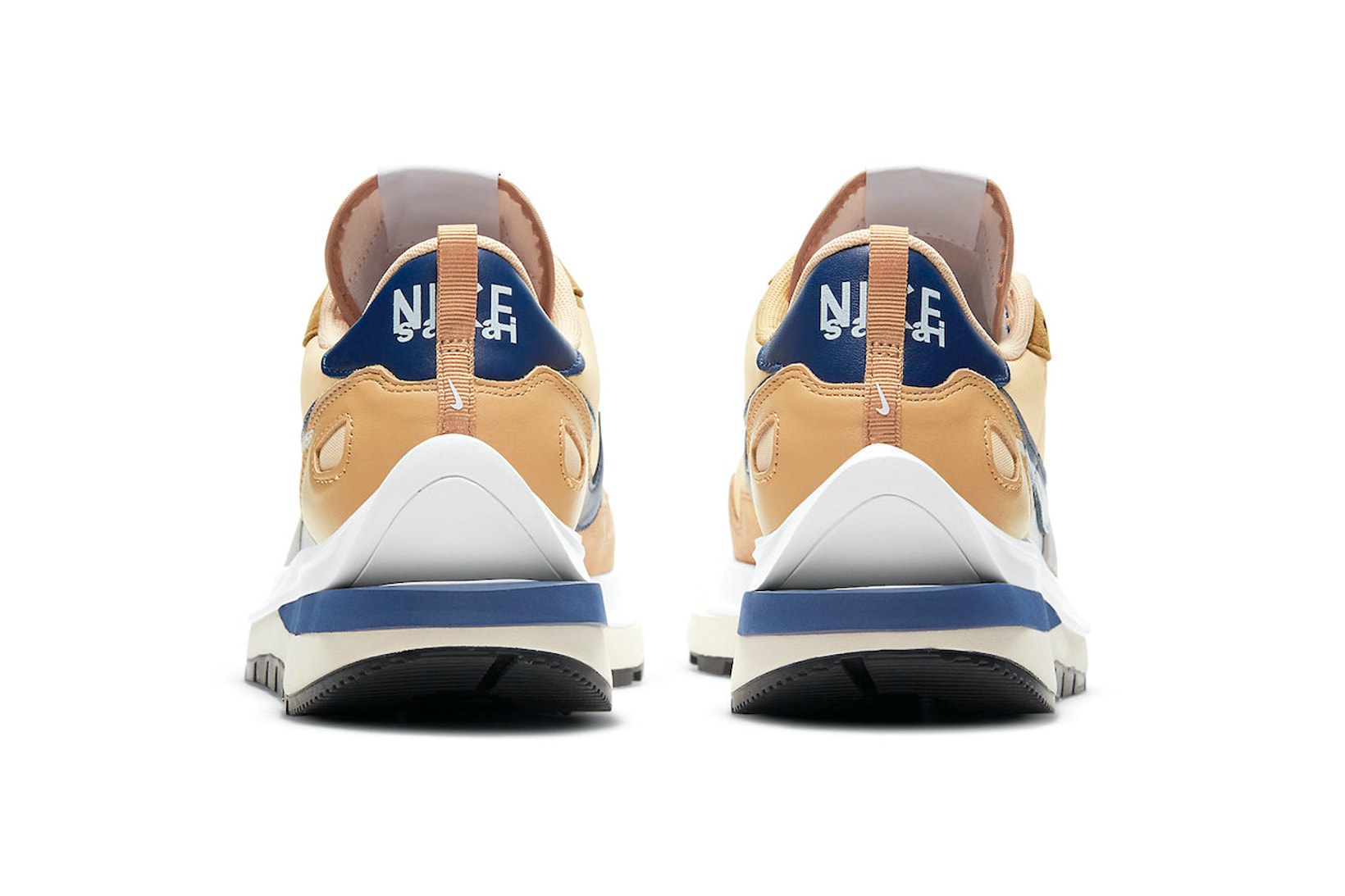 sacai nike vaporwaffle sesame sneakers collaboration blue brown white colorway chitose abe footwear shoes kicks heel