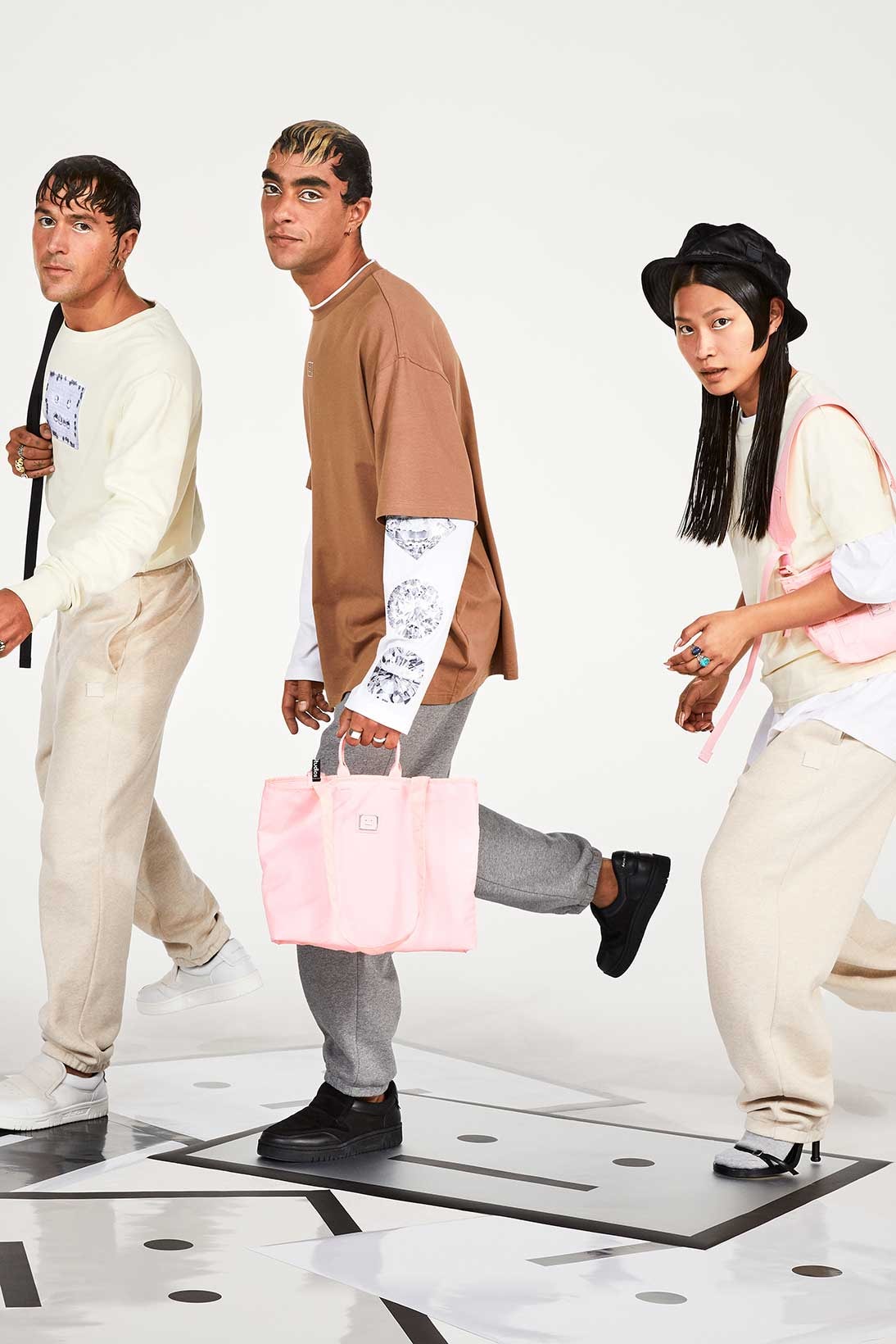 acne studios fall winter face collection sustainable tee t shirt bags sweatpants sweater heels sneakers bucket hat