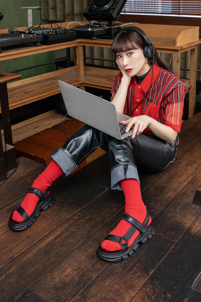 charles and keith dash sandal spring summer DJ Mademoiselle Yulia red socks black leather pants shirt