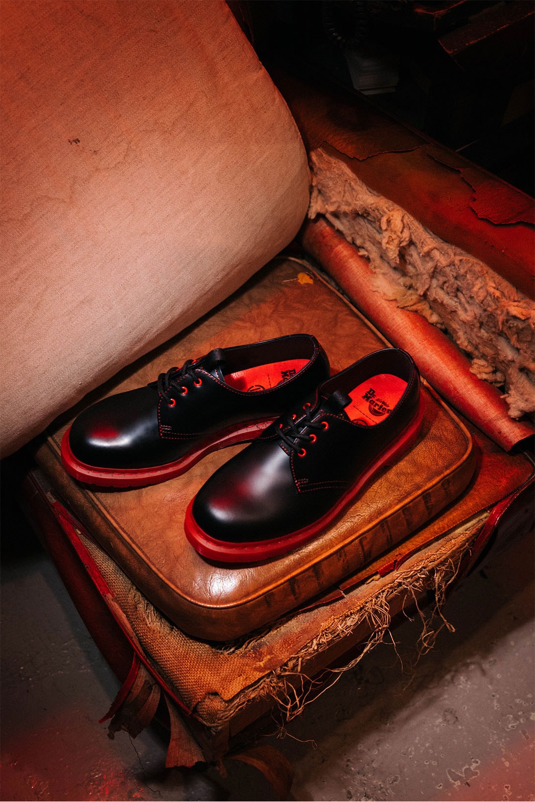 clot dr martens 1461 derby shoes collaboration red black footbed midsole