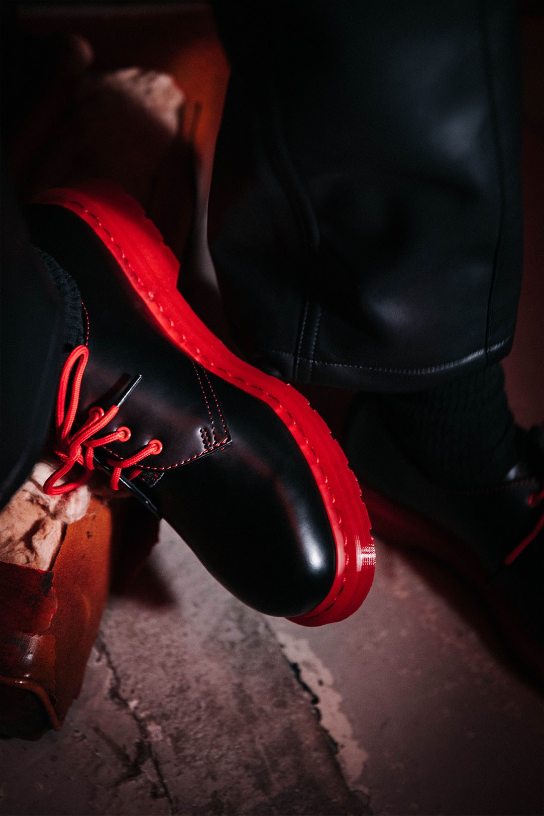 clot dr martens 1461 derby shoes collaboration black red details shoelaces