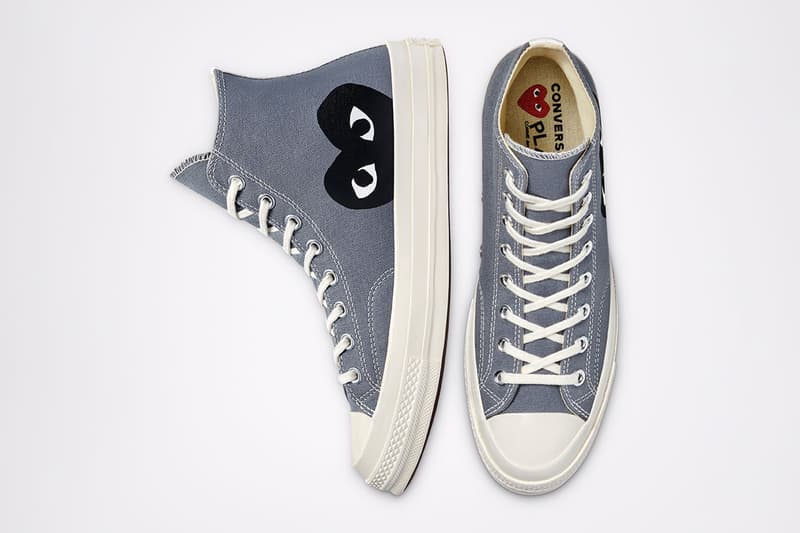 comme des garcons cdg play converse chuck 70 steel gray high top upper details shoelaces heart