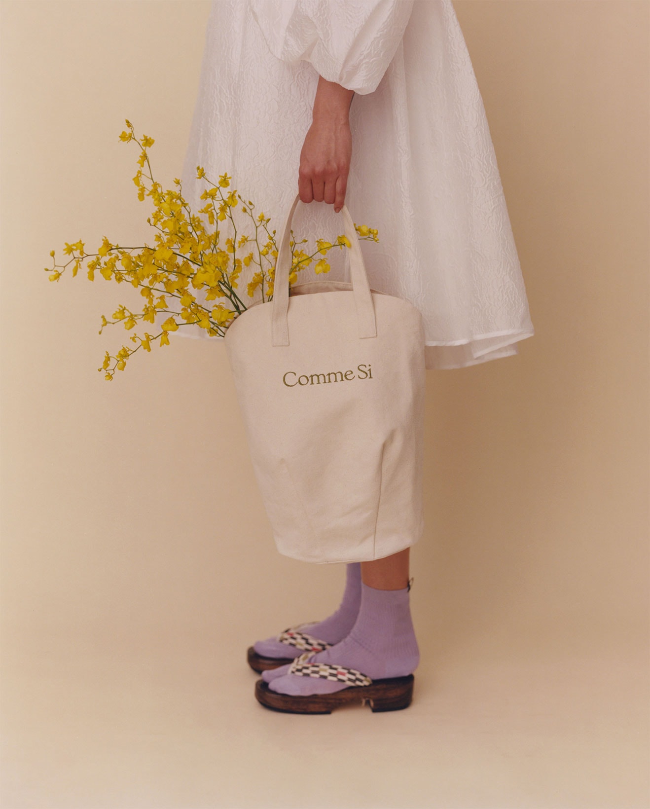 comme si say it with flowers campaign korean asian american tote bag marbled socks purple