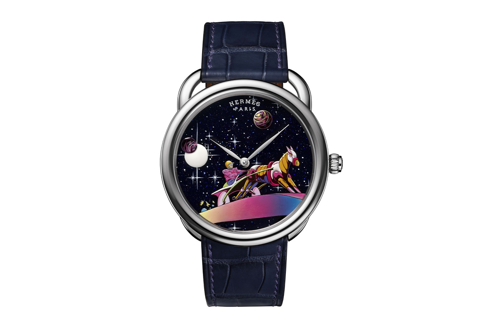 hermes arceau space derby watch timepiece limited edition blue face drawing