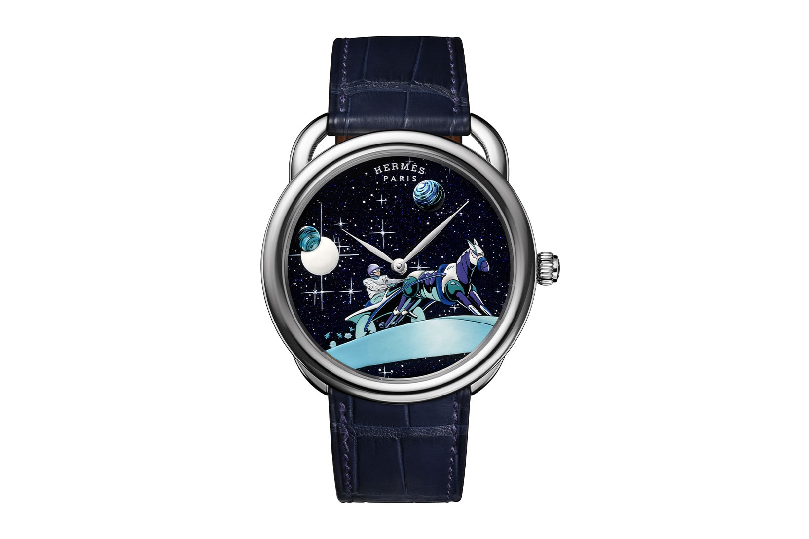 hermes arceau space derby watch timepiece limited edition blue navy face drawing
