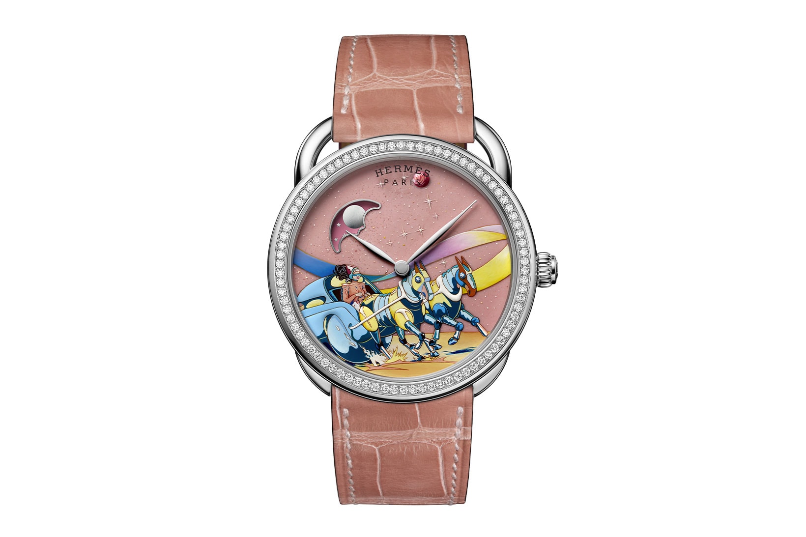 hermes arceau space derby watch timepiece limited edition pink opaline face