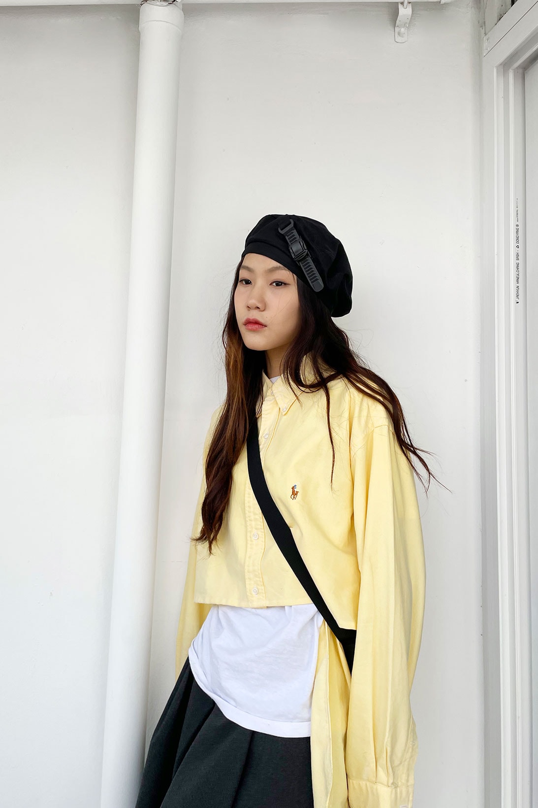 jung hayoung korean model upcycling sustainable fashion polo shirt yellow beret